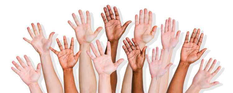 Group of human arms raised.